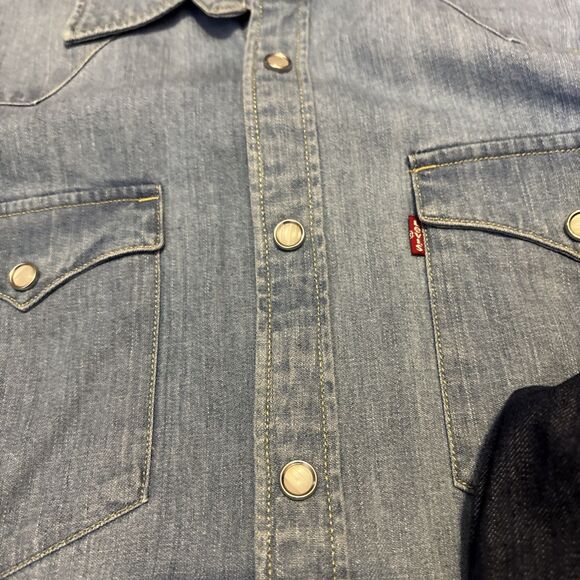 Levis Denim Pearl Snap Shirt Men's Medium Blue Long Sleeve Rancher Western - Picture 8 of 13